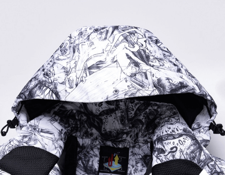 Men's waterproof windproof ski jacket with artistic pattern hood, SF0922 sports outerwear, perfect for winter skiing adventures.